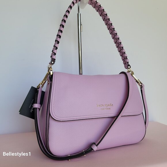 KATE SPADE Hudson Pebbled Leather Medium Flap Convertible Shoulder Bag-Lav Fst ⭐ - Picture 4 of 16